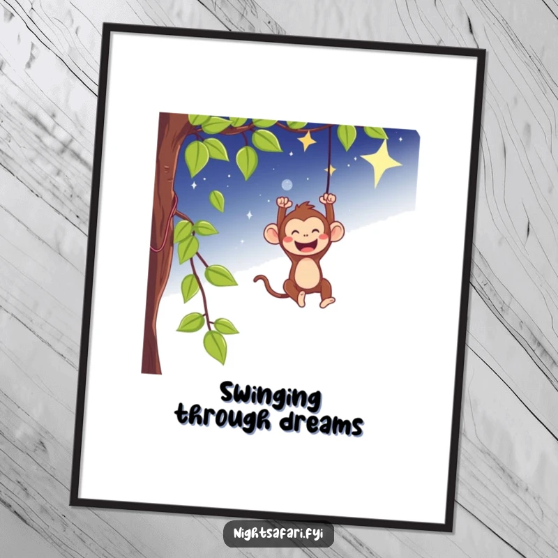 Funny monkey poster gleefully swinging from a vine under a starry sky, whimsical wall art.