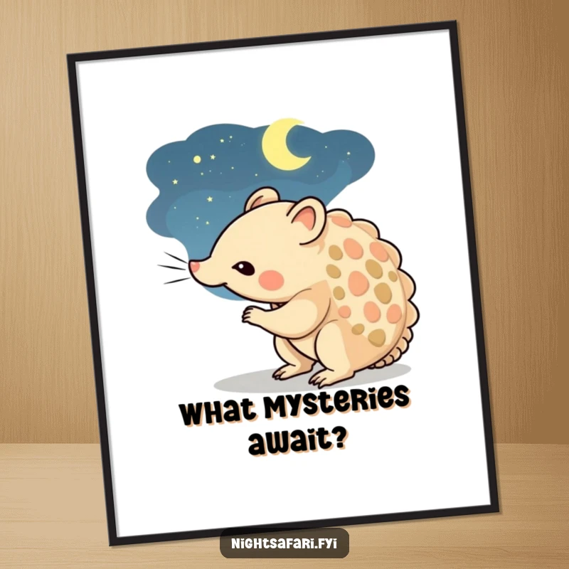 Funny poster art of a curious pangolin character intently sniffing the cool, dark night air.