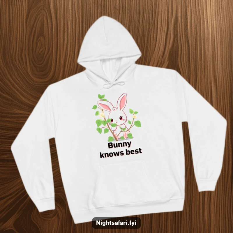 Funny Hoodie: A cute bunny character humorously peeking out from behind a softly glowing, luminous vine.