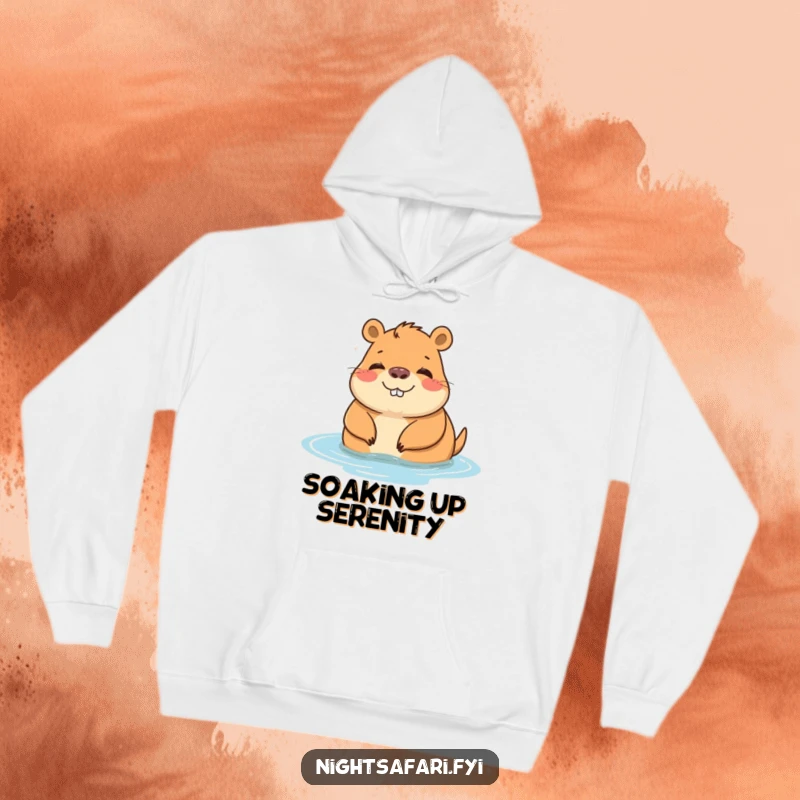 Funny hoodie with a cheerful capybara character peacefully relaxing by water, offering ultimate cozy vibes.