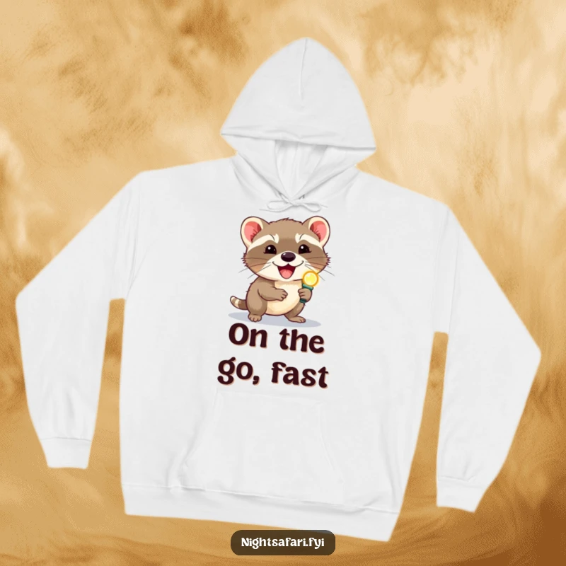 Funny delighted civet wearing a headlamp scurrying, featured on a cozy hoodie for fans of exotic and amusing animals.