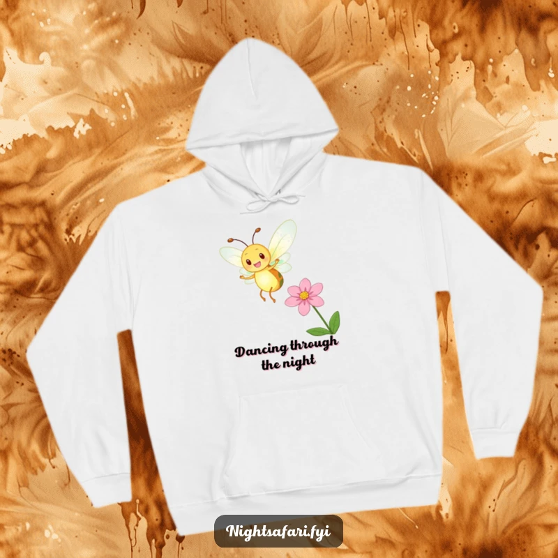 Funny Firefly Hoodie featuring a delighted firefly with a glowing body dancing near a flower, ideal for cozy wear.