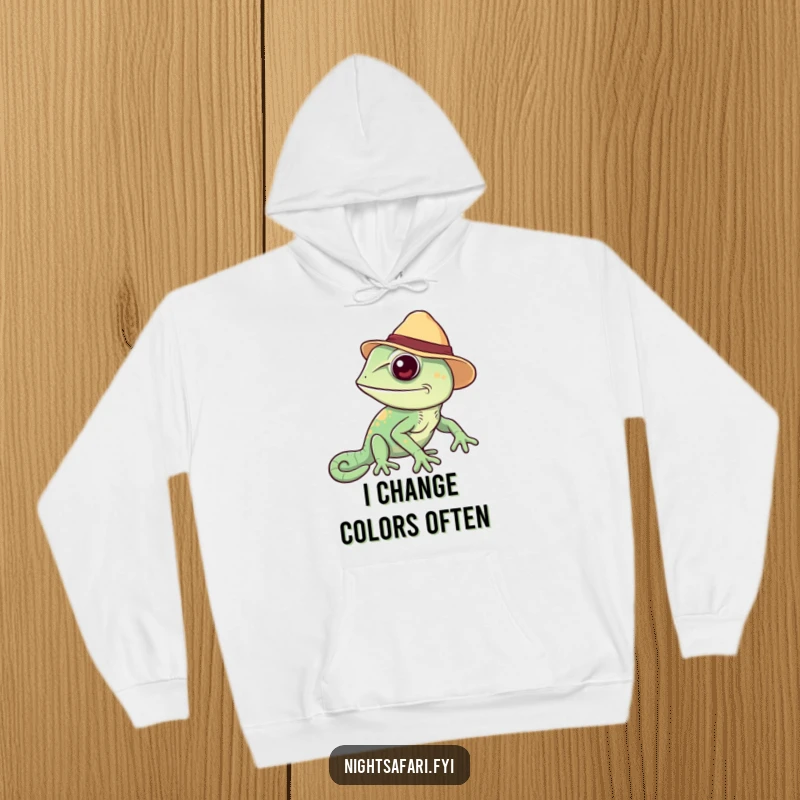 Funny Chameleon Hoodie: A cheerful chameleon wearing a safari hat, changing colors, perfect for cozy humor and gifts.