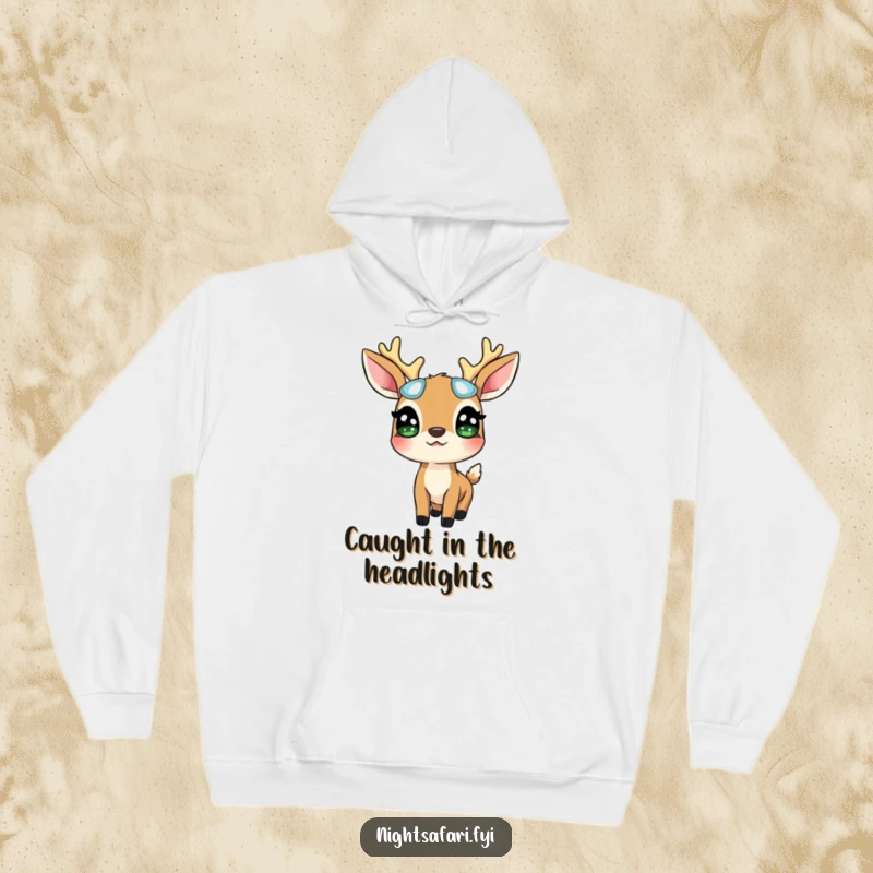 Funny Deer Glowing Eyes Hoodie: A surprised deer wearing glowing eyes looks up, offering cozy woodland magic, a snuggly funny gift.