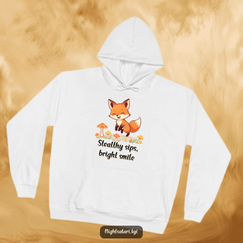 Funny hoodie with a cheerful fox, bright smile, tiptoeing through an array of bioluminescent, glowing mushrooms, bringing forest fantasy.