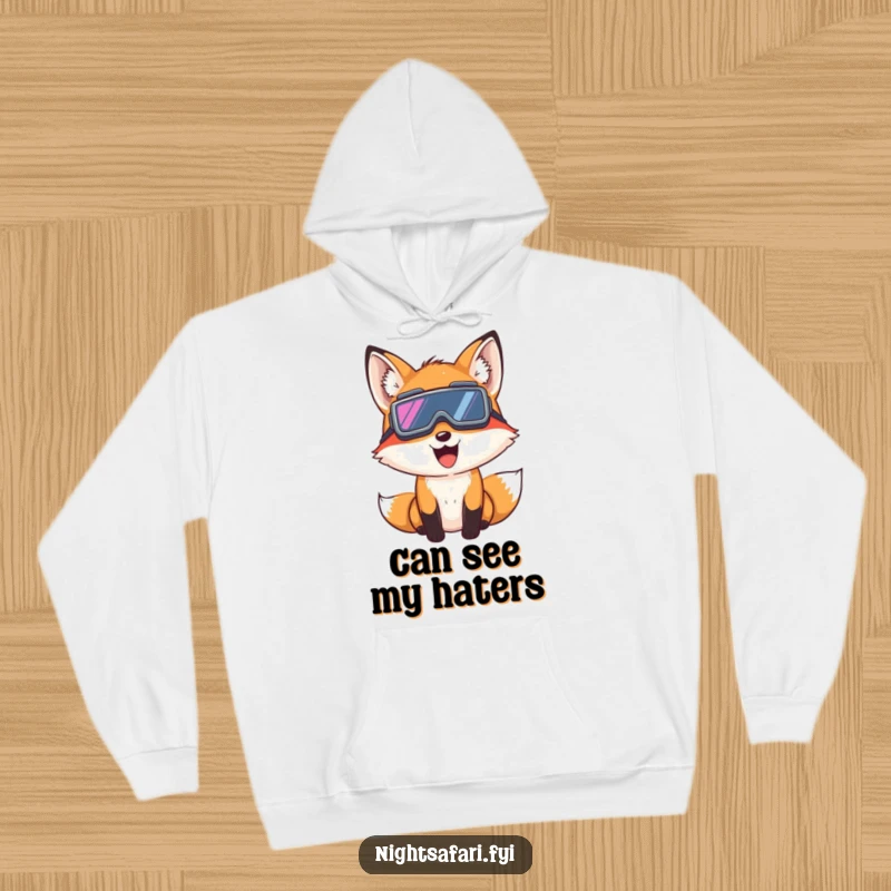 Funny Fox Night Vision Hoodie: A giggling fox wearing night vision goggles peeks, offering warmth and sneaky fun, a cozy funny gift.