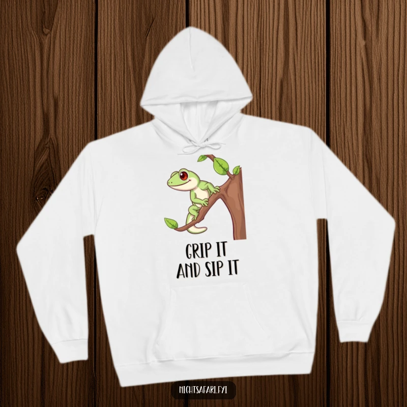 Funny Gecko Hoodie showcasing a happy, energetic gecko mid-climb on a branch, offering cozy and humorous style.