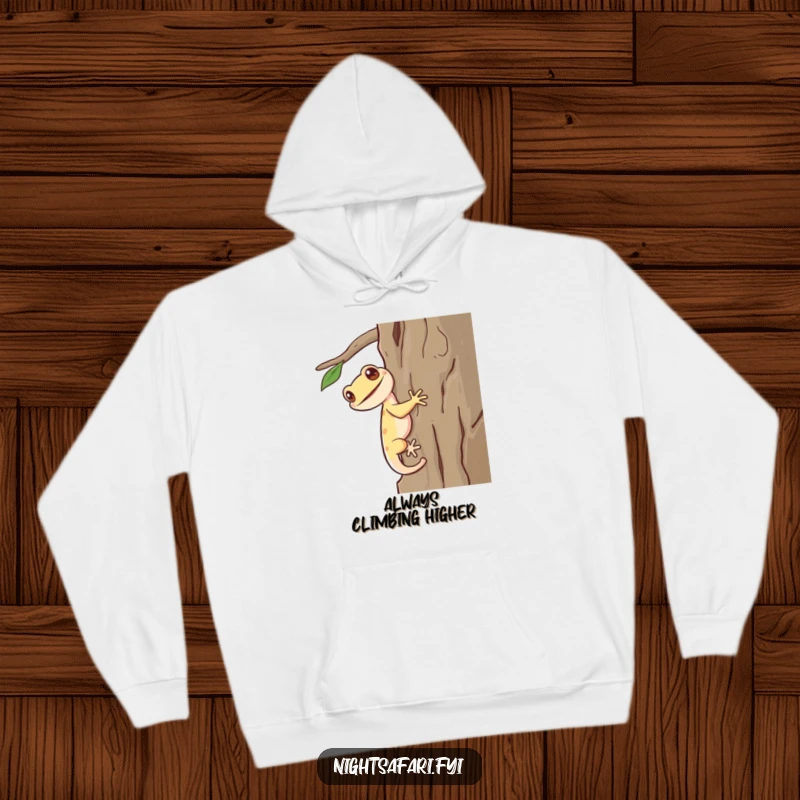 Funny Gecko Hoodie: A giggling gecko with a long tail scurrying up bark, cozy and humorous apparel.