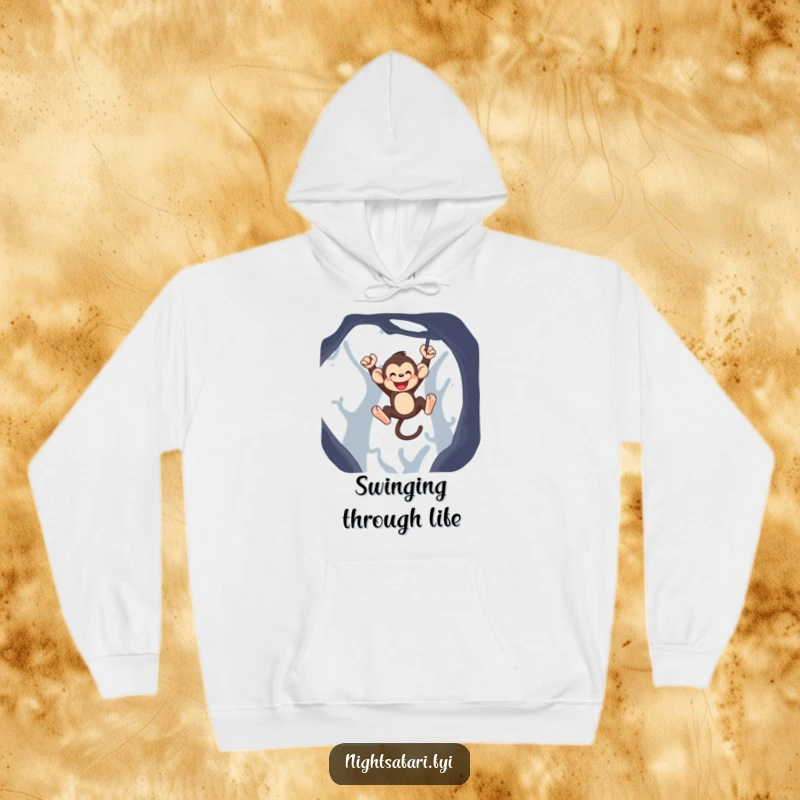 Funny monkey hoodie featuring a jubilant monkey swinging through the darkness, exuding pure joy and energy.