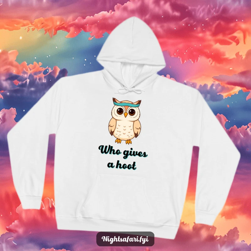 Funny Owl Headband Hoodie: A cute owl wearing a headband hoots, offering warmth and wisdom, a snuggly funny gift.