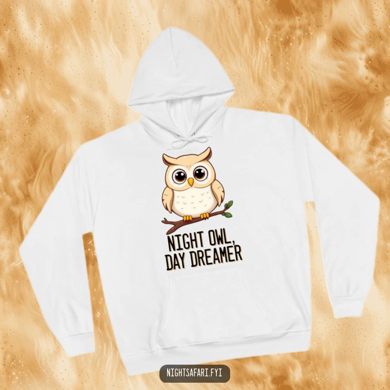 Funny owl hoodie featuring a charming wide-eyed owl character perched on a branch, looking alert and happy.