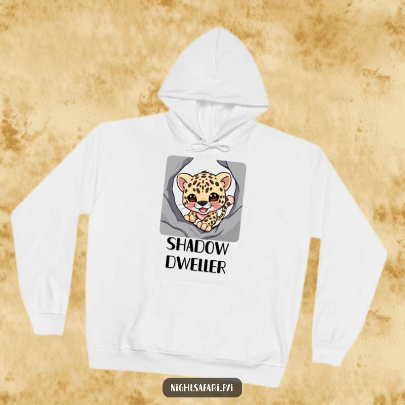 Funny hoodie featuring a smiling leopard character on a stealthy hunt through dark shadows, offering warm comfort.