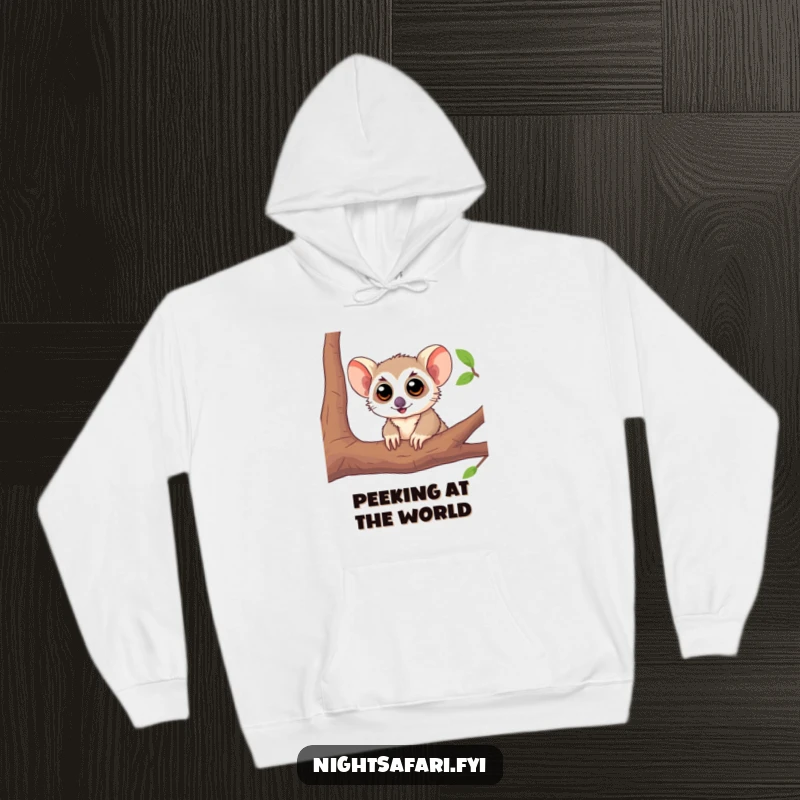 Funny Tarsier Hoodie with a playful tarsier character with large eyes peeking from a branch, ideal for cozy wear.