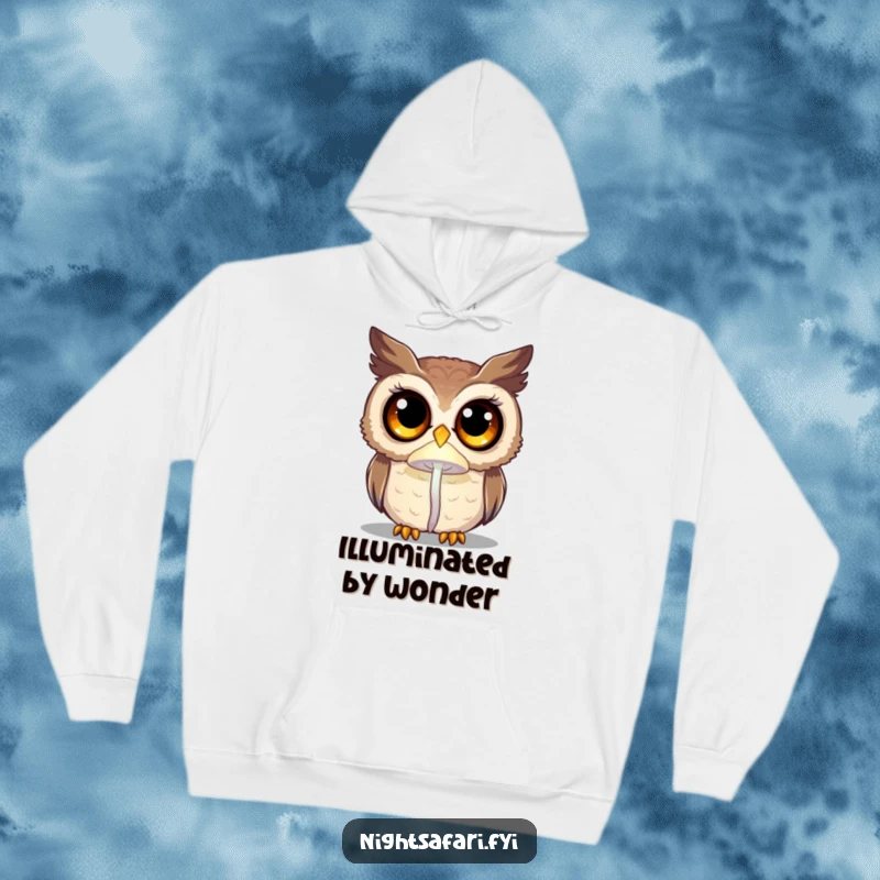 Funny curious owl with wide eyes, illuminated by a soft glowing mushroom, a warm and mystical hoodie.