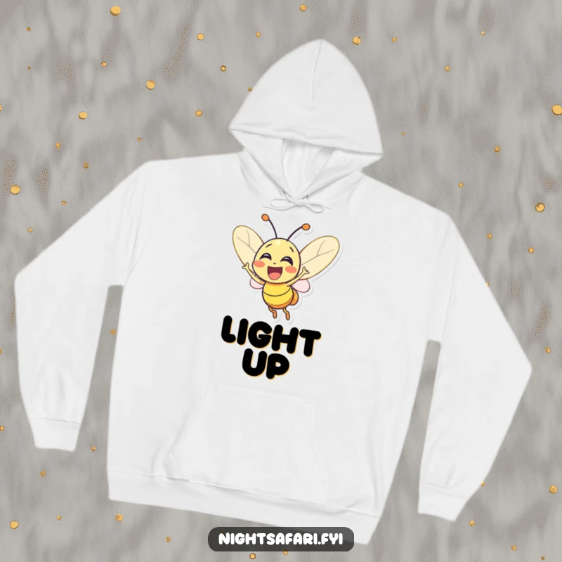 Funny Firefly Hoodie: An excited, glowing firefly character radiating joy, offering warmth and a touch of magical light.