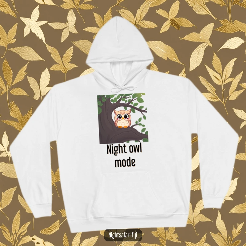 Funny hoodie with a curious owl, wide eyes peering from a shadowy tree branch, cozy and mysterious.