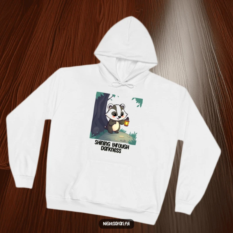 Funny badger with a lantern on this hoodie, perfect for cozy exploration and nighttime adventures.