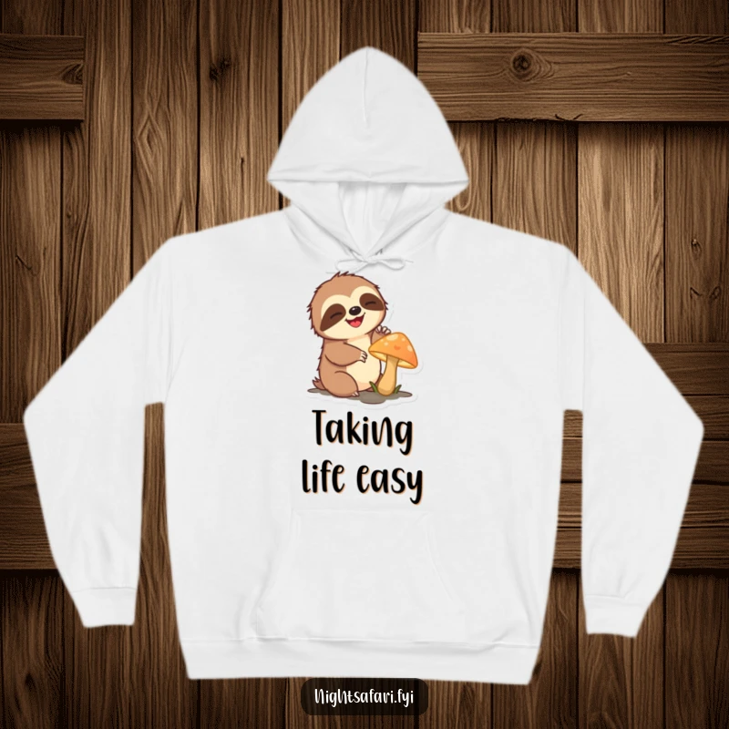 Funny sloth hoodie showing a delighted sloth character slowly reaching for a glowing mushroom, ideal for comfort.
