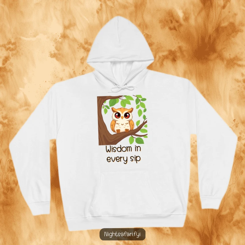 Funny hoodie featuring a happy owl with wide, curious eyes peeking from a tree branch, offering cozy humor and style.