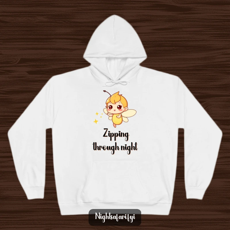 Funny hoodie with a playful firefly character zipping around, emitting a warm, soft light, a cozy nighttime companion.