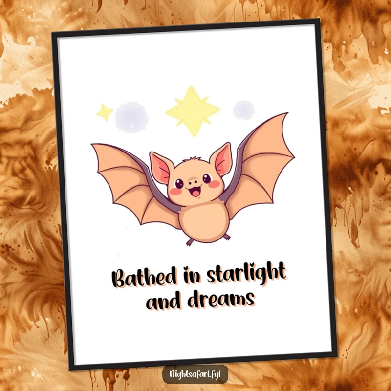 Funny Free Printable Fruit Bat Wall Art: Delighted fruit bat flying under a starry night sky, creating a whimsical and humorous atmosphere.