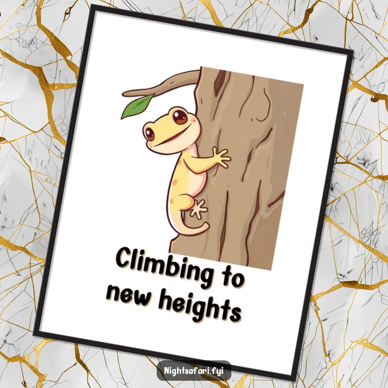 Funny Free Printable Wall Art: A giggling gecko with a long tail, captured mid-climb on tree bark.