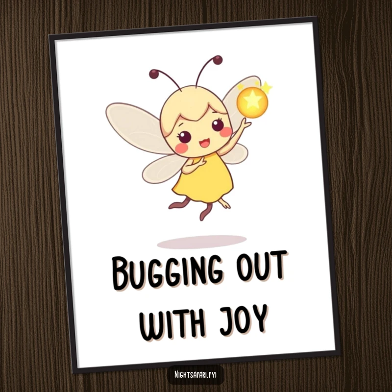 Funny Free Printable Wall Art: Playful firefly dancing with a glowing orb, perfect for humorous downloadable DIY home decor.