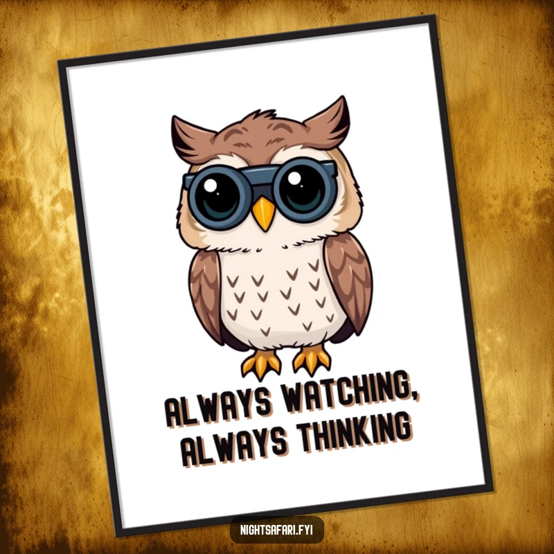 Funny Free Printable Wall Art: An owl with tiny binoculars peers into the dark, radiating curiosity and wisdom.