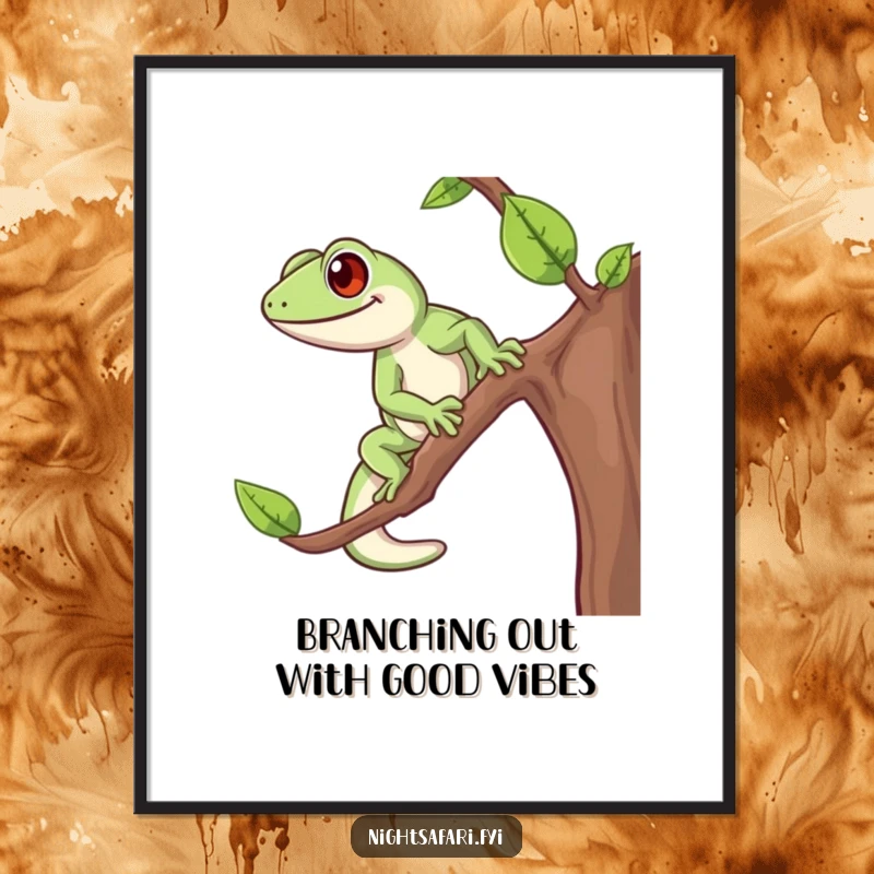 Funny Free Printable Gecko Wall Art: A cheerful gecko energetically climbing a branch, bringing vibrant, humorous energy to any room.