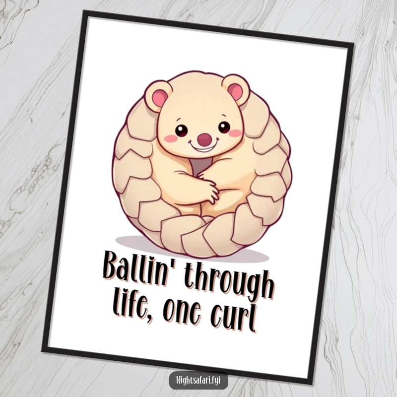 Funny Free Printable Pangolin Wall Art: A smiling pangolin curled into a playful ball, adding cute and humorous vibes to your decor.
