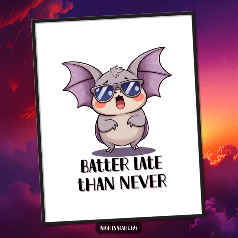 Funny Free Printable Wall Art: A sleepy bat sporting tiny sunglasses, yawning widely during the day, radiating cool.