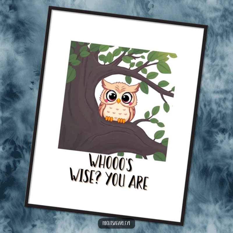 Free Printable Wall Art: Curious owl with wide eyes peers intently from a shadowy tree branch, creating a mysterious ambiance.