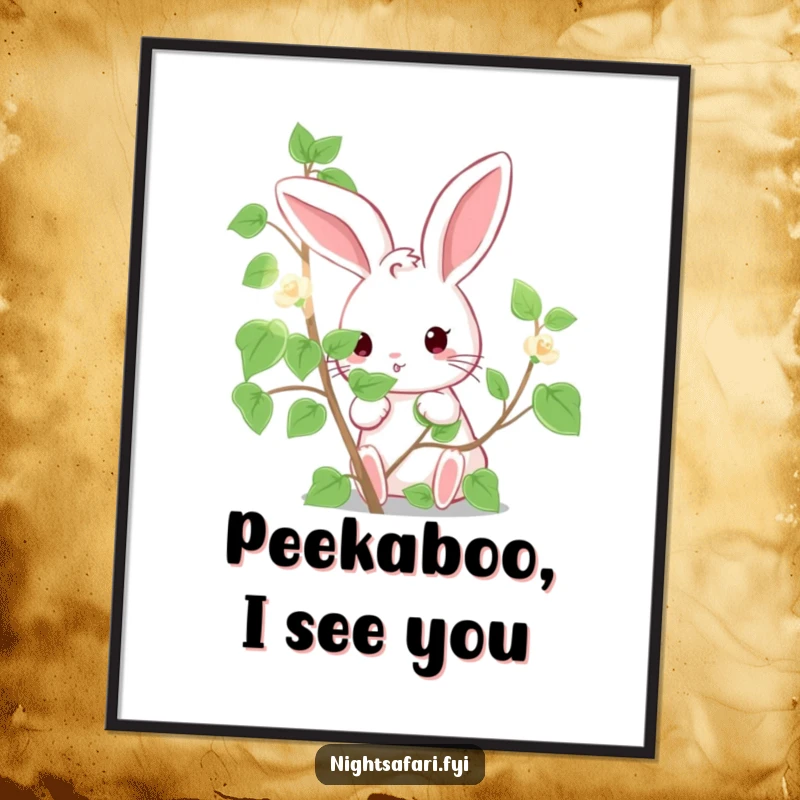 Funny Free Printable Wall Art: A cute bunny character playfully peeking from behind a glowing, luminous vine.