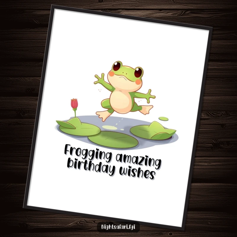Funny Free Printable Wall Art: A playful frog mid-leap across glowing lily pads in dim, enchanting light.