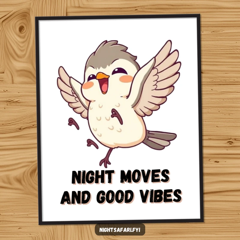 Funny Free Printable Wall Art: Giggling nightjar character soaring through the sky with infectious delight, perfect for cheerful decor.