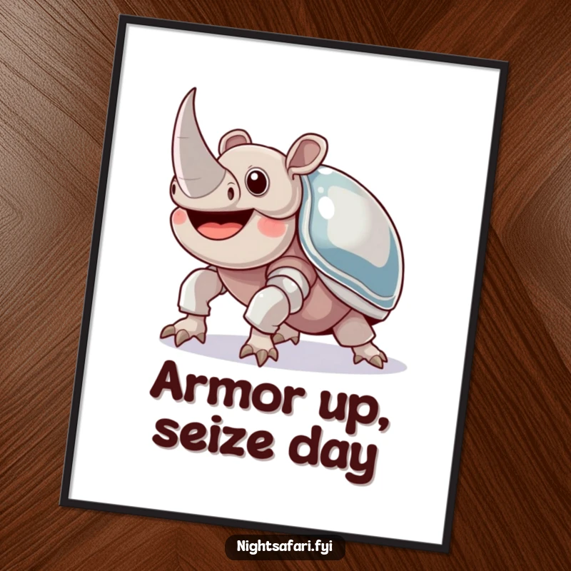 Funny Free Printable Wall Art: A joyful rhinoceros beetle with lustrous shiny armor, depicted crawling purposefully upwards.