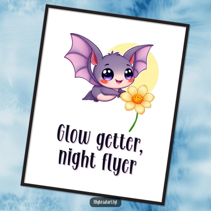Funny Free Printable Wall Art: A cute bat with large, happy eyes fluttering near a glowing flower, bringing joy.