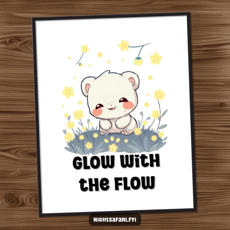 Funny Free Printable Wall Art: A giggling shy creature hiding amongst glowing fireflies, creating enchanting decor.