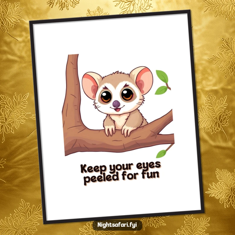 Funny Free Printable Wall Art: A playful tarsier with enormous eyes peeks curiously from a branch, adding whimsy.