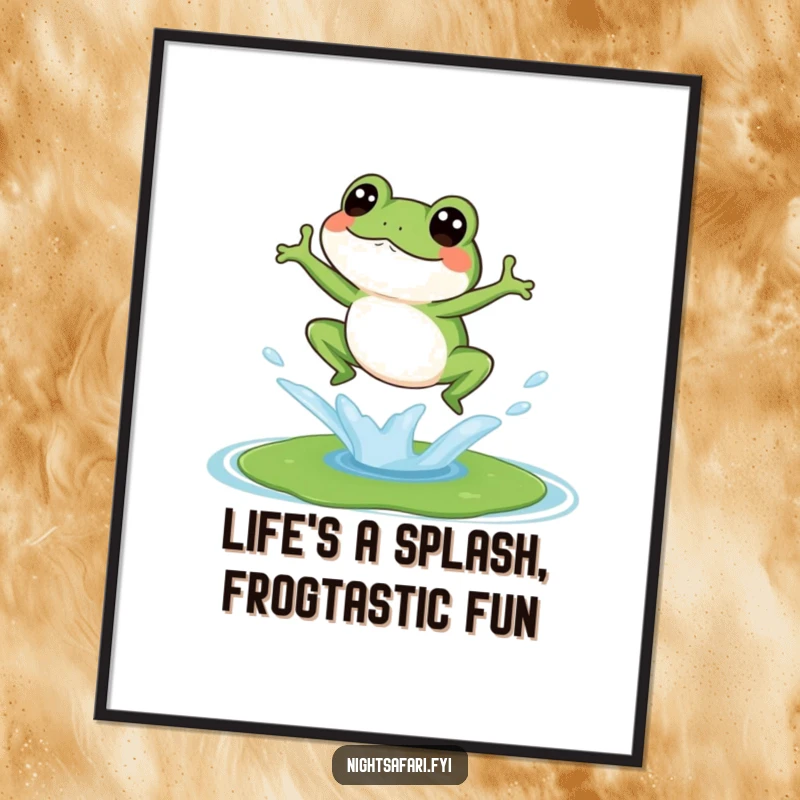 Funny Free Printable Wall Art: A giggling frog captured mid-splash as it lands on a lily pad, full of joy.