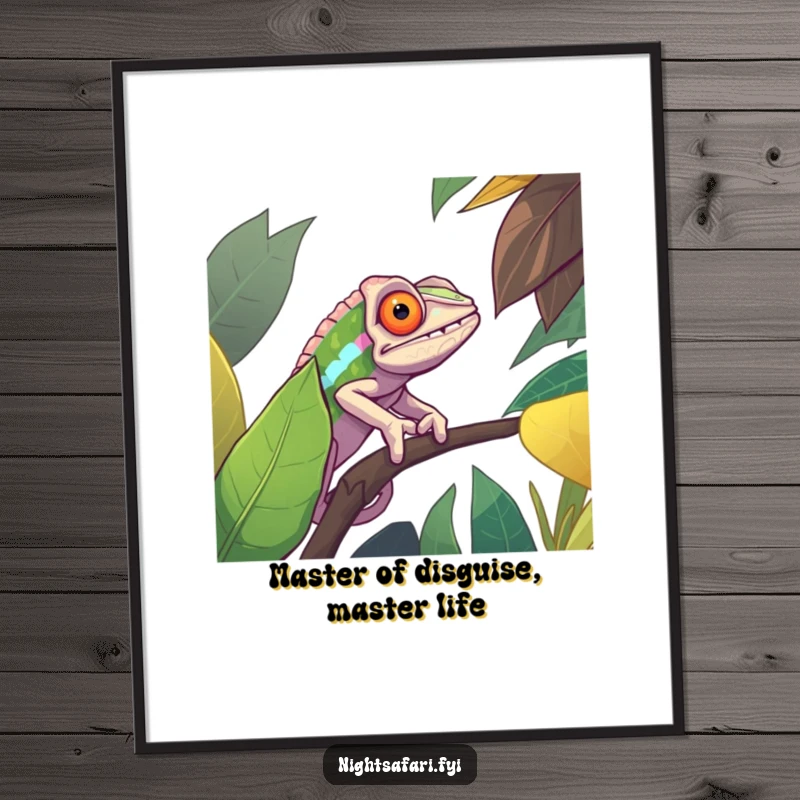 Funny Free Printable Wall Art: A determined chameleon camouflaged against a vibrant jungle leaf, adding clever decor.