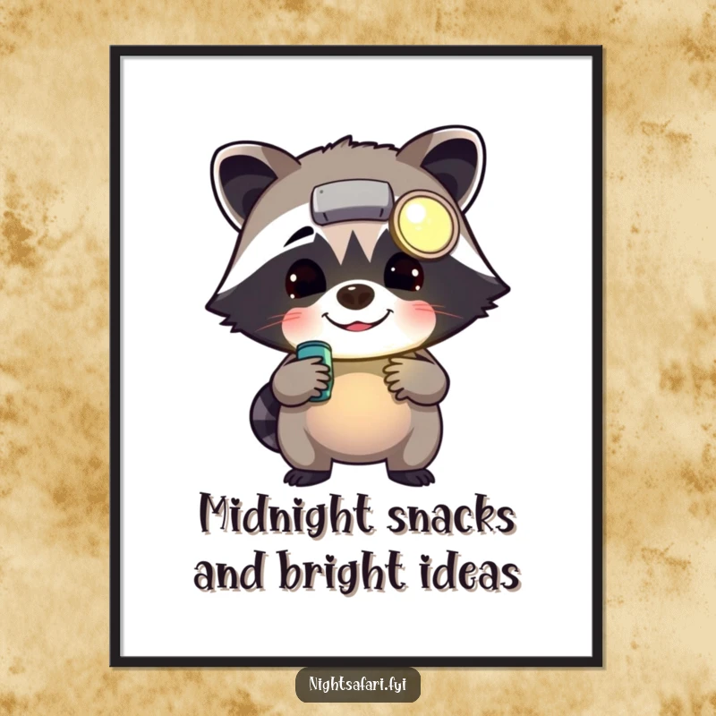 Funny Free Printable Wall Art: A cheerful raccoon wearing a headlamp, rummaging with curiosity, bringing playful humor to any wall.