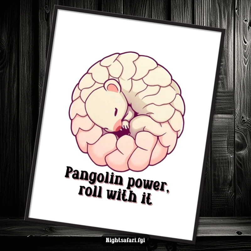 Funny Free Printable Wall Art: Shy pangolin curled into a playful ball, looking cute and bashful. Adorable downloadable decor.