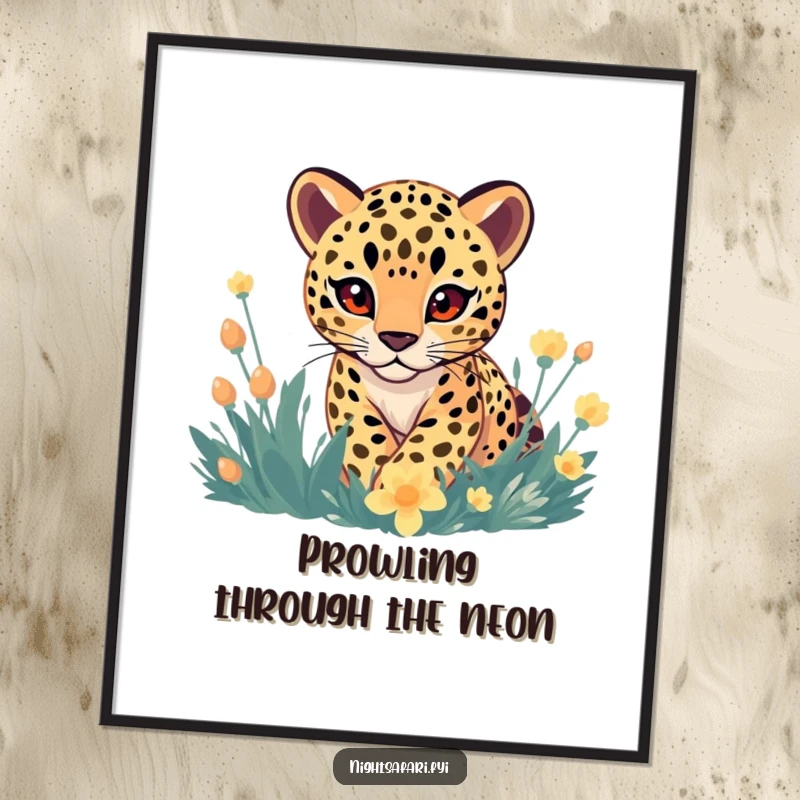Funny Free Printable Wall Art: A gentle-eyed leopard playfully stalking amongst vibrant, glowing plants.