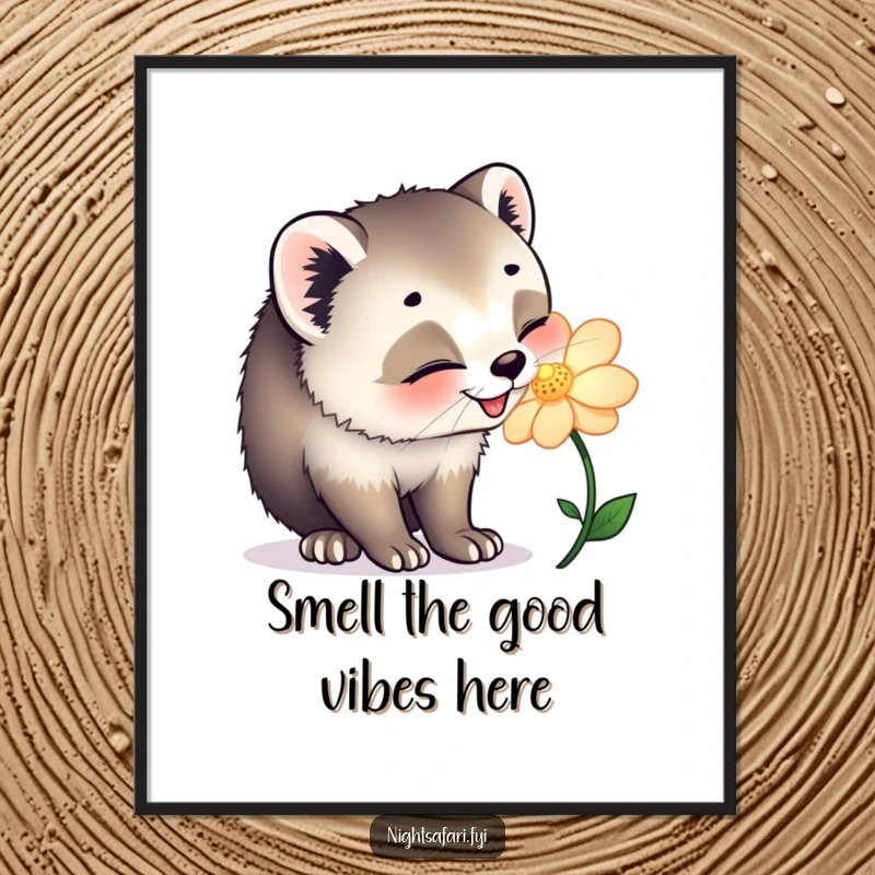 Funny Free Printable Wall Art: A happy civet cat is depicted sniffing a brightly glowing magical flower with an expression of pure delight.