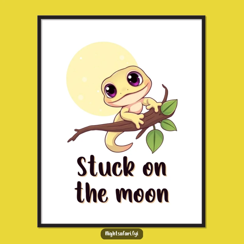 Funny Free Printable Wall Art: Cute Gecko on Moonlit Branch, Downloadable Whimsical Decor