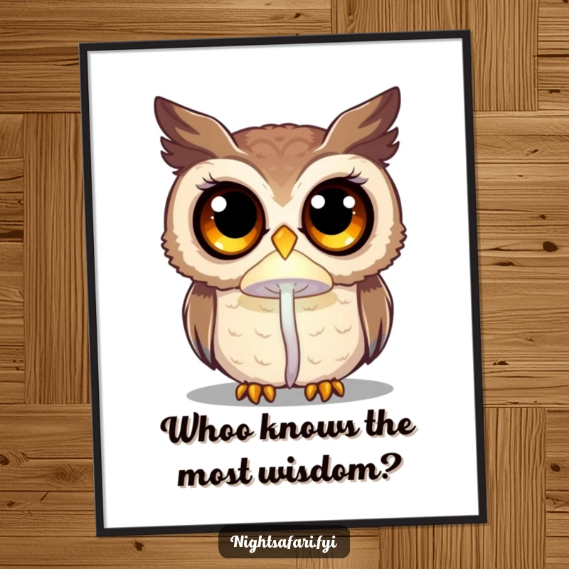 Funny free printable wall art depicting a curious owl with large eyes, bathed in the light of a faint glowing mushroom.