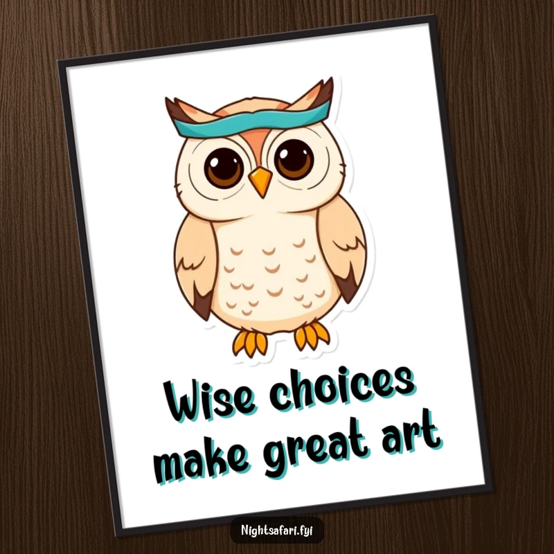Funny Free Printable Wall Art: A cute owl wearing a headband, hooting with a playful expression.