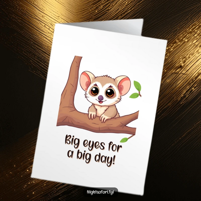 Funny Free Printable Birthday Card: A playful tarsier with large eyes peeks from a branch, ready for birthday fun.