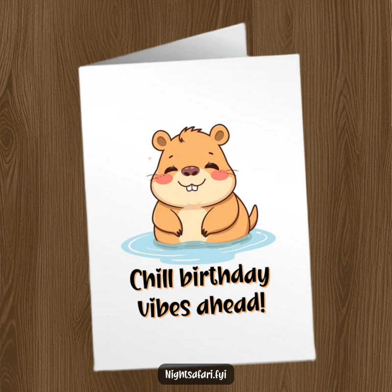 Funny Free Printable Birthday Card: Cheerful capybara character blissfully relaxing by the water, exuding pure contentment.